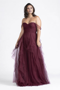 Burgundy Off-the-Shoulder Sweetheart Tulle A-Line Floor-Length Bridesmaid Dress