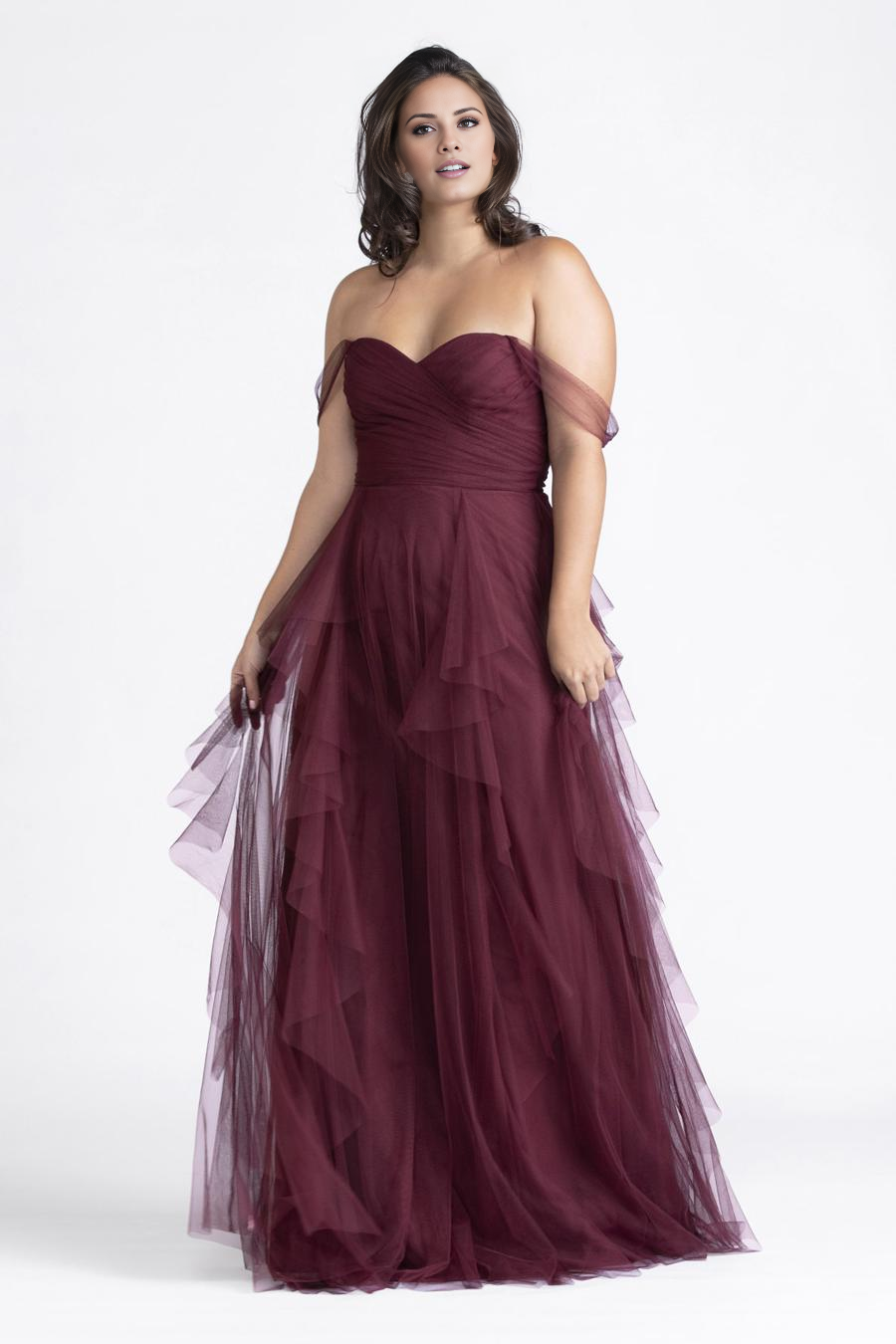Burgundy Off-the-Shoulder Sweetheart Tulle A-Line Floor-Length Bridesmaid Dress