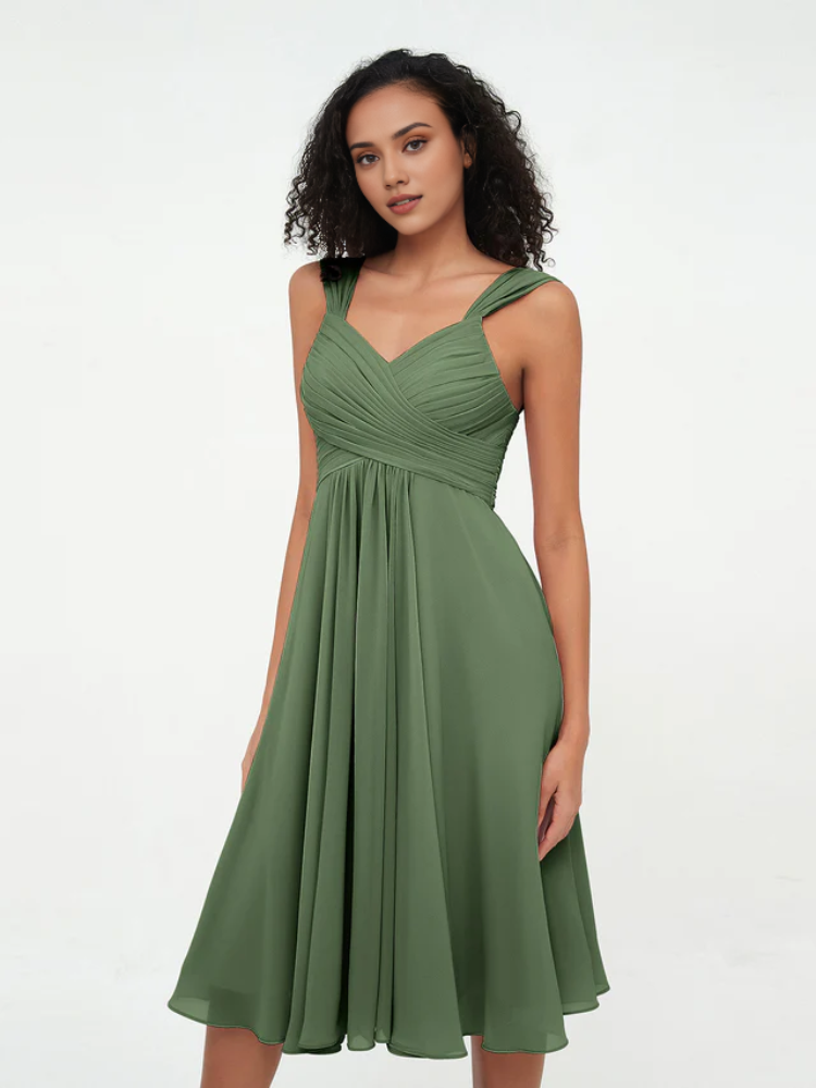 Sage Green Pleated Chiffon A-Line Knee-Length Dress
