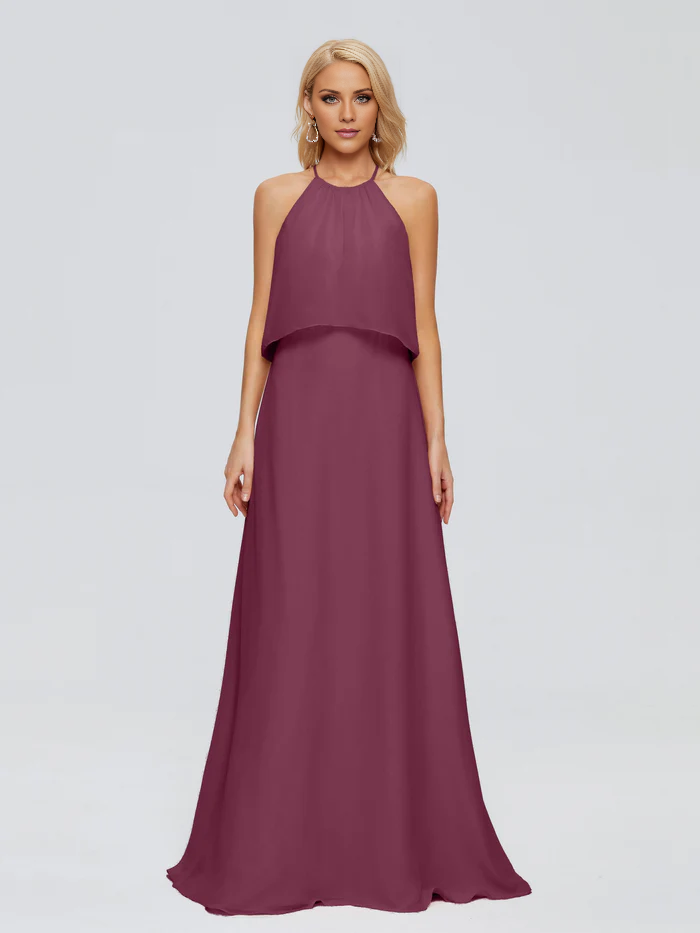 Vestido de dama de honor largo hasta el suelo en gasa con escote halter