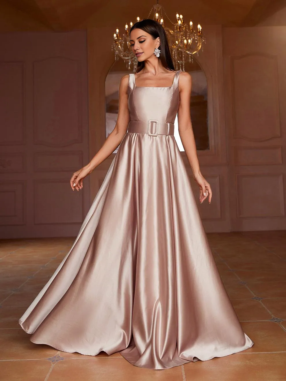 Square neck sleeveless waist belt satin and floor length formal dress