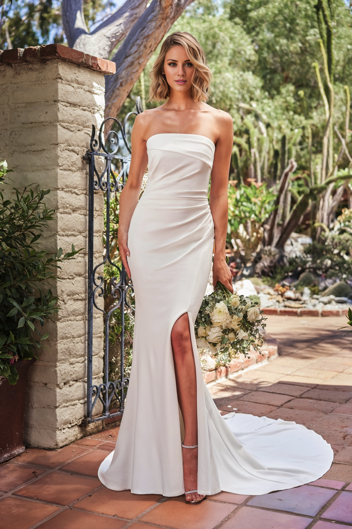 Ivory Crepe Straight Neck Bridesmaid Dress with High Slit