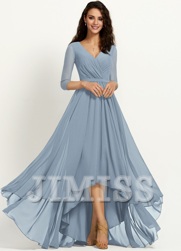 Dark Navy Chiffon A-Line V-Neck Asymmetrical Length Dress with Draped Bodice, High-Low Hem, and Back Zip for Bridesmaid.