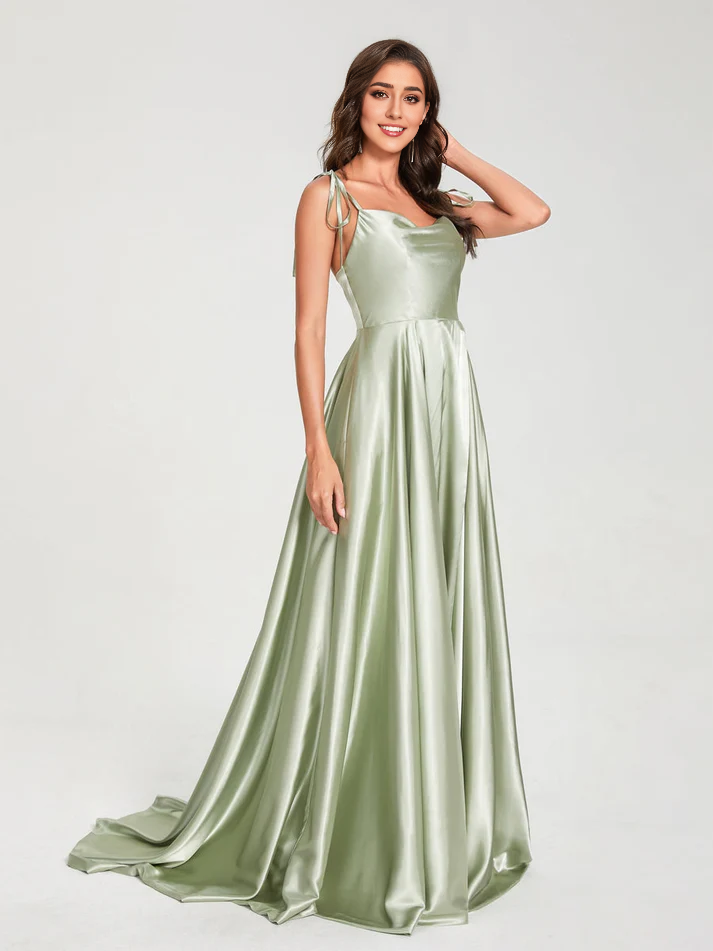 Satin Spaghetti-Strap V-Neck Ruched Bodice Train A-Line Floor-Length Luxe Bridesmaid Dress