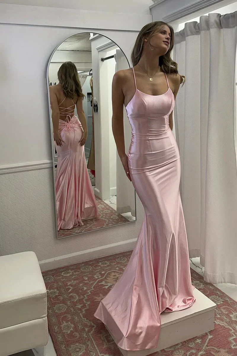 Abito da ballo lungo con incrocio sulla schiena rosa e spalline sottili a sirena di Jimis Fashion