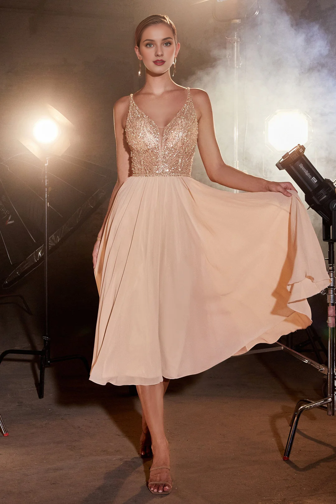 Dusty Blue Chiffon A-Line Tea-Length Bridesmaid Dress with Beaded V-Neck Bodice and V-Back