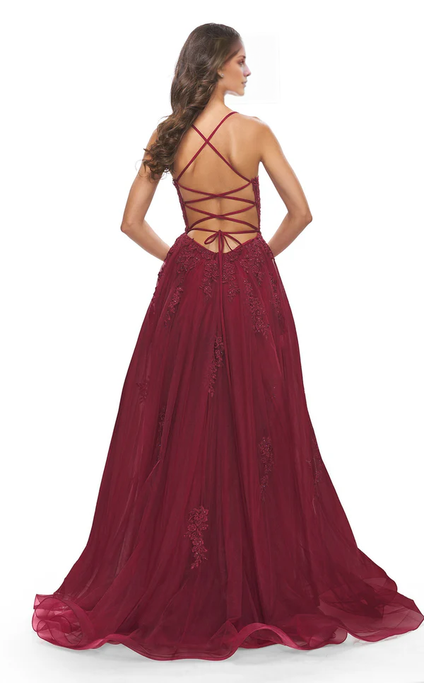 Burgundy A-Line Floor-Length Evening Dress with Sweetheart Neckline, Embroidered Bodice & Tulle High Slit