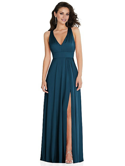 Vestido de fiesta Jimiss con escote en V, hombros descubiertos, sin mangas, espalda descubierta, abertura lateral y largo hasta el suelo