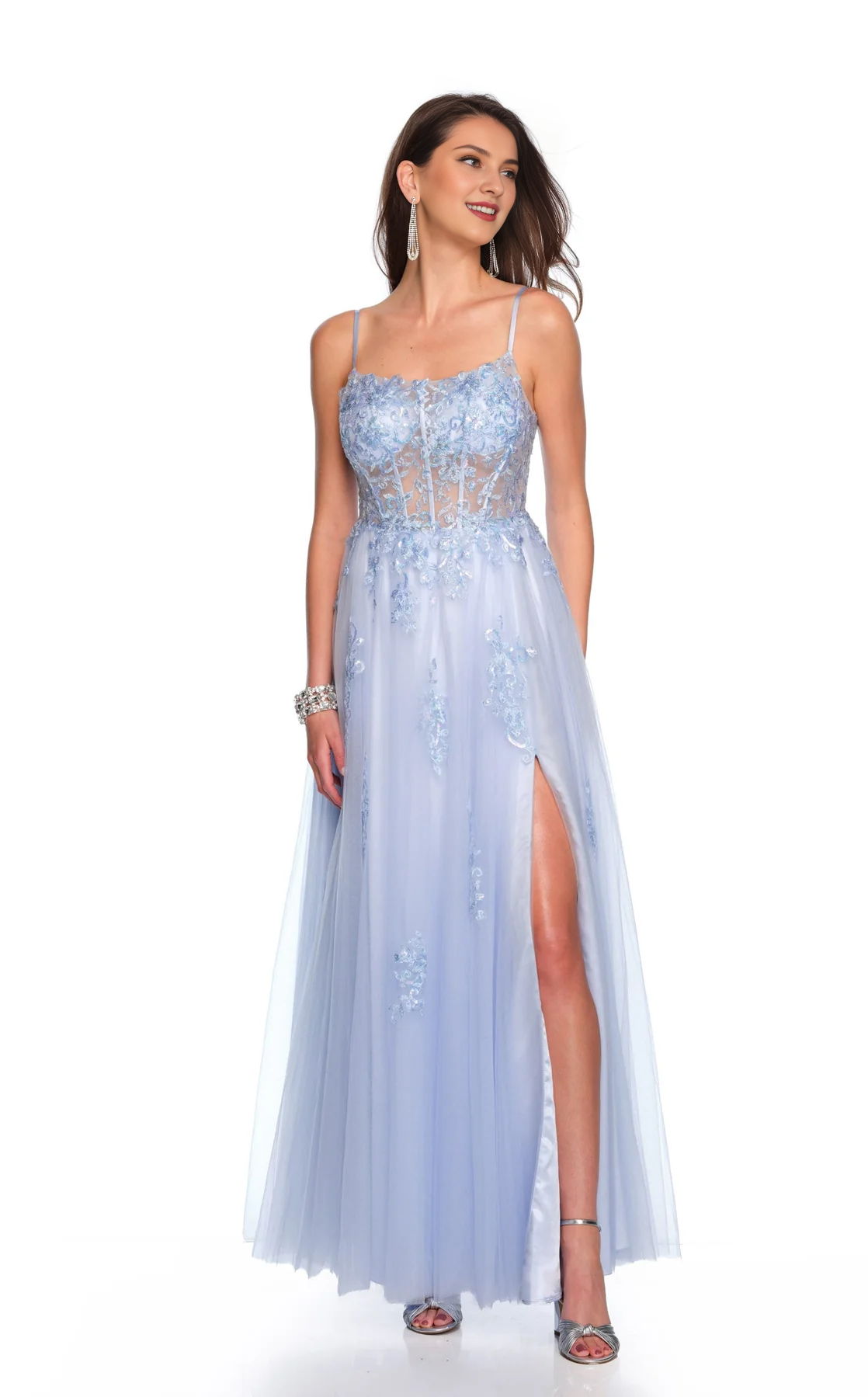 Thin shoulder strap V-neck lace applique sleeveless side slit and floor length Prom dress