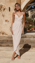 Vestido de fiesta Jimiss con escote en V, sin mangas, tirantes finos, sin espalda y largo hasta el suelo