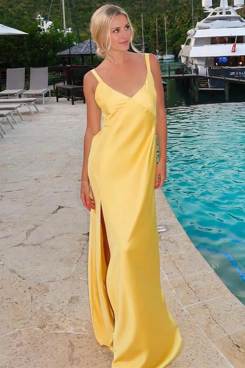 Vestido de fiesta largo amarillo con escote en V y espalda descubierta con abertura de Jimiss