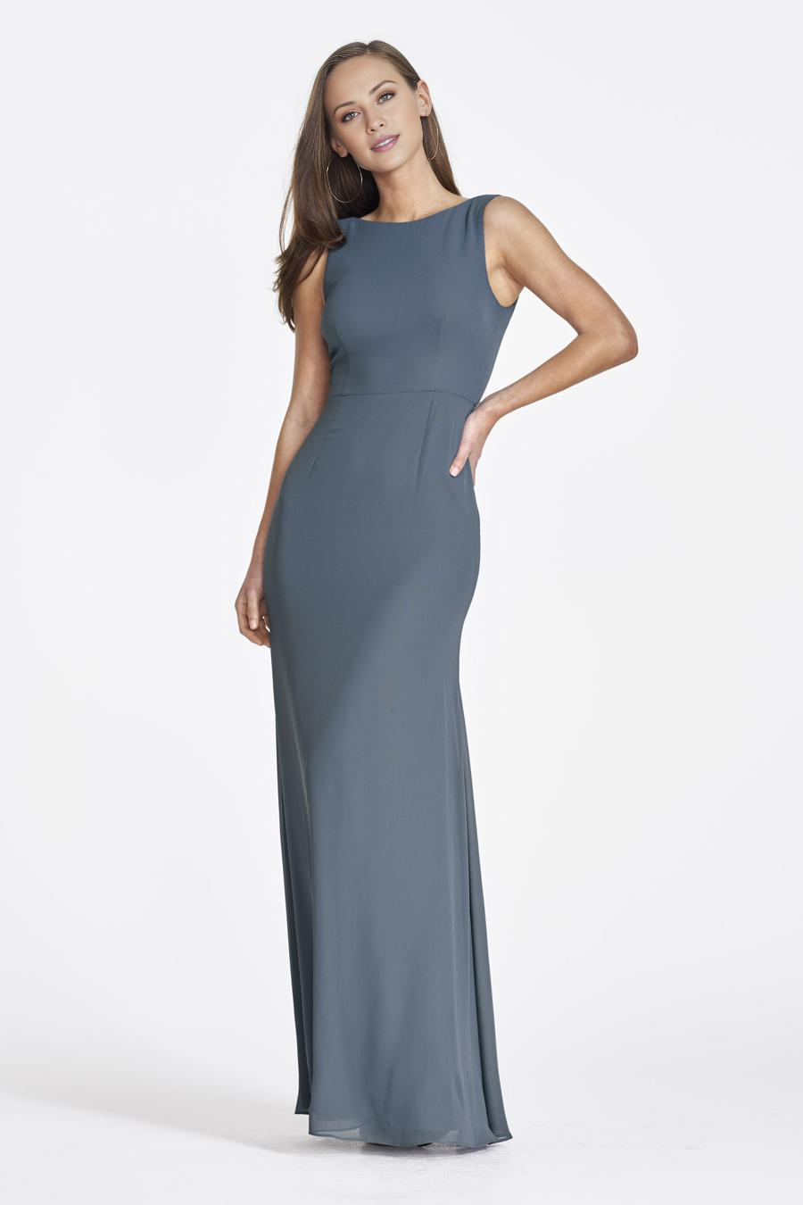 Vestido de noche minimalista Jimiss con escote barco, sin mangas y espalda descubierta, largo hasta el suelo