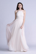 Vestido de noche Jimiss con cuello colgante, plisado transparente, sin espalda y largo hasta el suelo