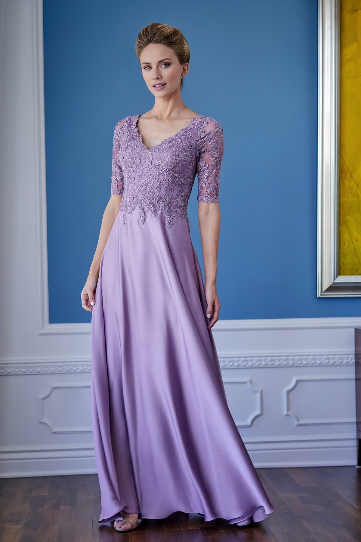 Lavender Satin A-Line V-Neck Floor-Length Bridesmaid Dress with Lace 3/4 Sleeves