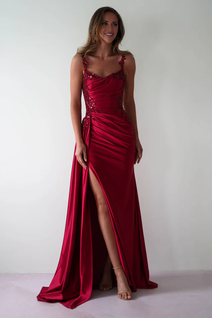Burgundy Satin A-Line Sweetheart Gown with Embellished Bodice & High Slit