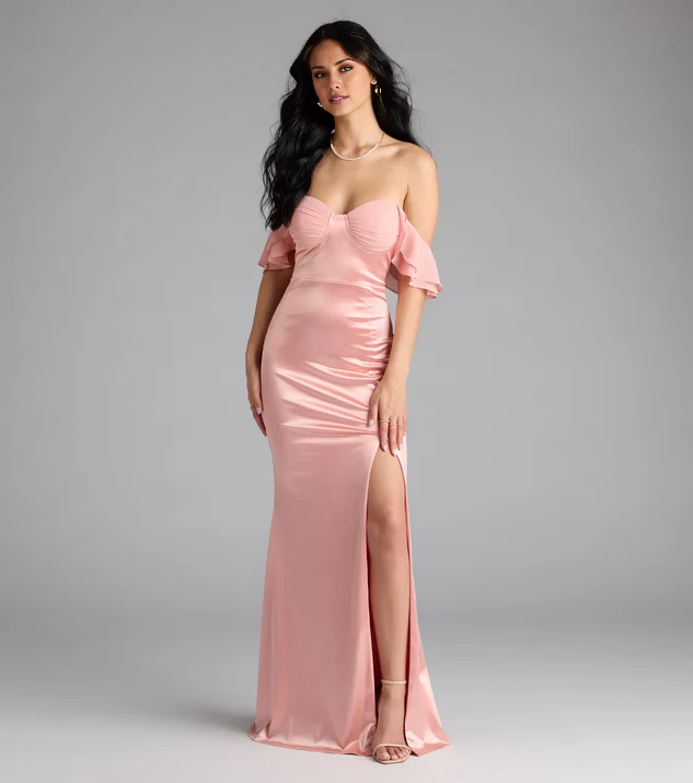 Vestido de fiesta Jimiss de satén con escote en forma de corazón, abertura lateral, espalda descubierta y largo hasta el suelo