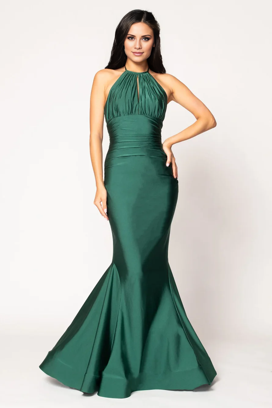 Vestido de fiesta Jimiss de corte sirena, escote halter, hombros descubiertos, sin mangas, espalda descubierta y largo hasta el suelo