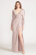Vestido de fiesta Jimiss con escote en V, hombros descubiertos, manga larga, espalda descubierta, abertura lateral y largo hasta el suelo