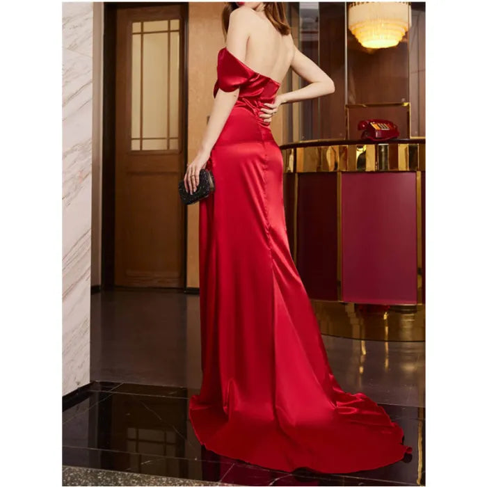 Red Satin Off-the-Shoulder Mermaid Floor-Length Dress