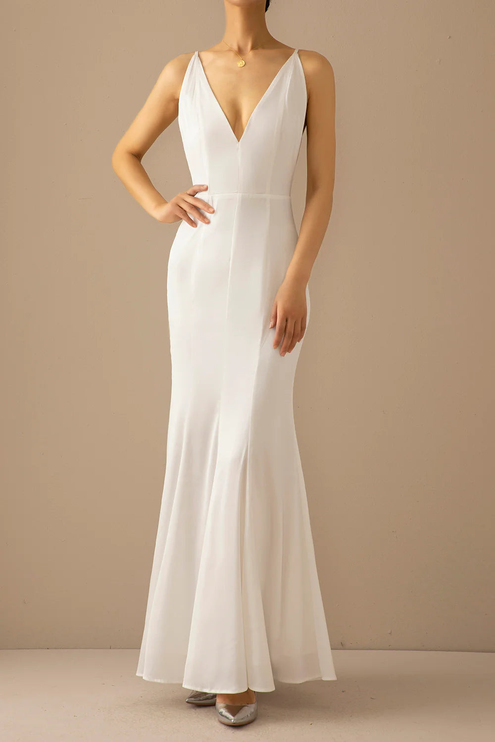 Mermaid blue V-neck long backless and floor length prom dress