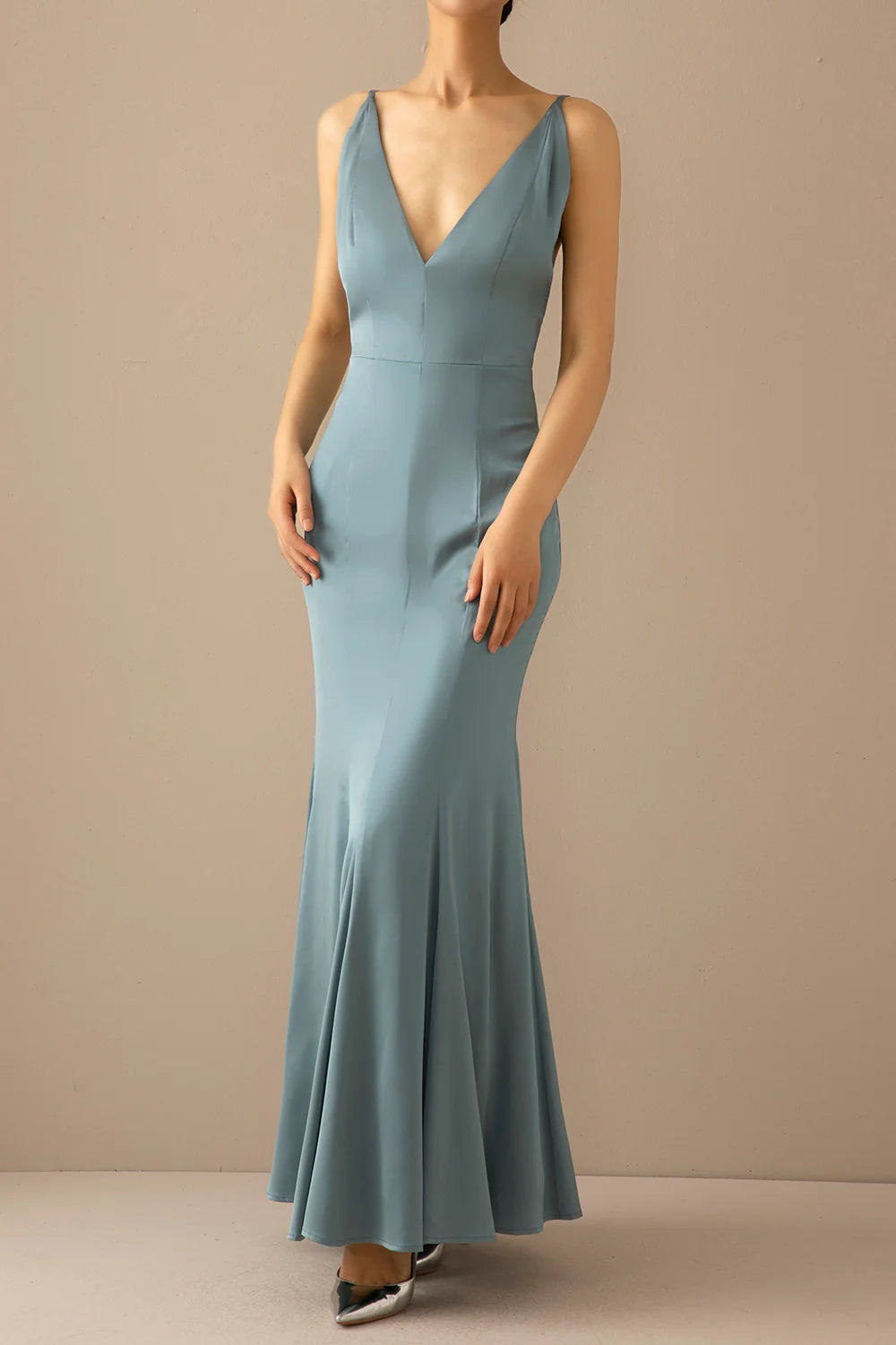 Mermaid blue V-neck long backless and floor length prom dress