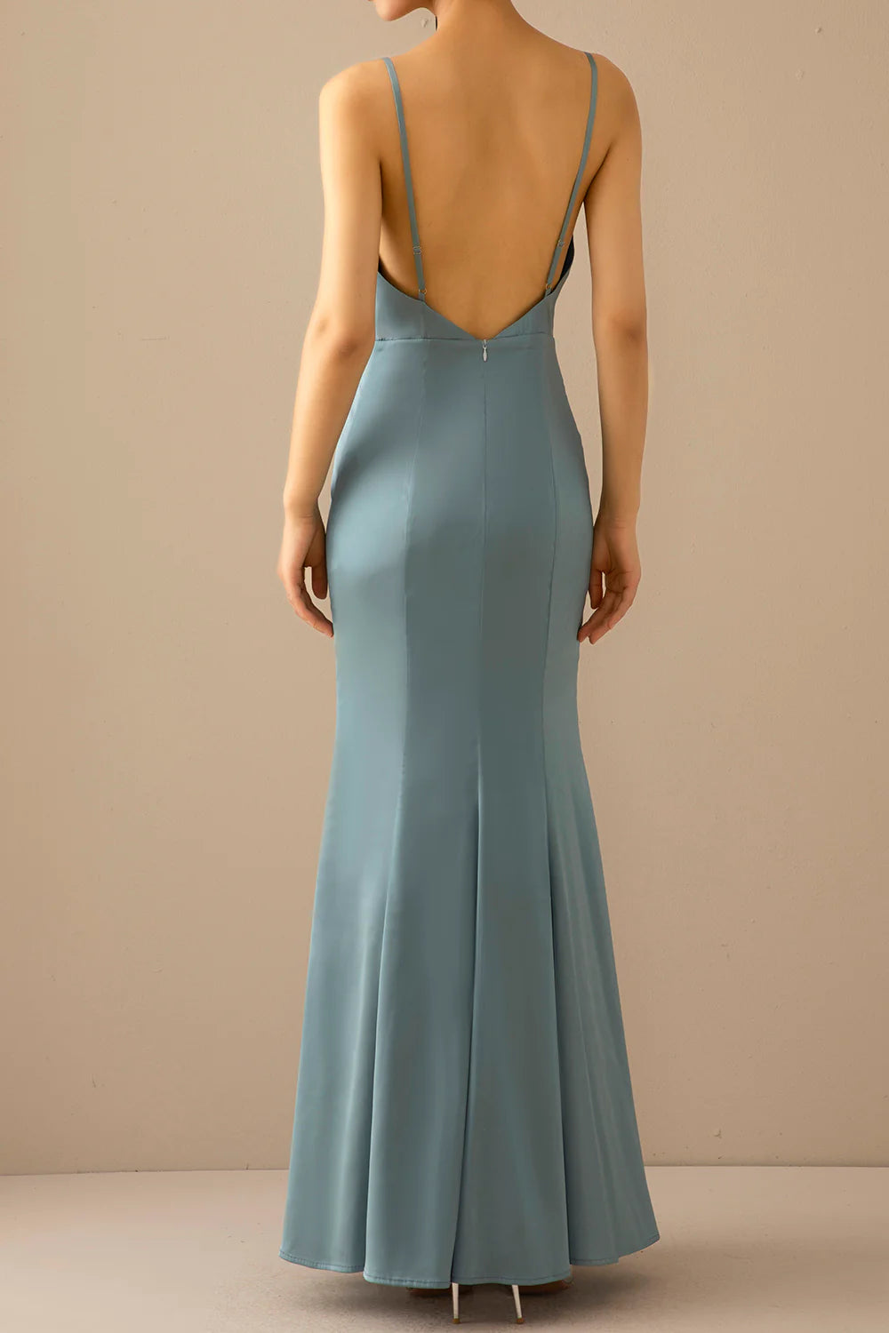 Mermaid blue V-neck long backless and floor length prom dress