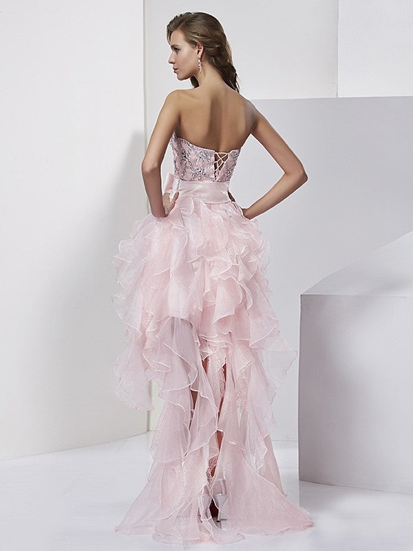 Vestidos de fiesta de organza con corte A/princesa, sin tirantes, sin mangas, con cuentas y corte alto bajo