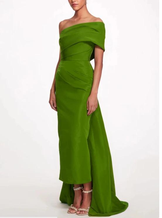 Vestido de noche elegante con corte en forma de columna, vestido formal de graduación, cola larga, sin mangas, un hombro, tafetán, espalda descubierta, con lazo(s), con tiras