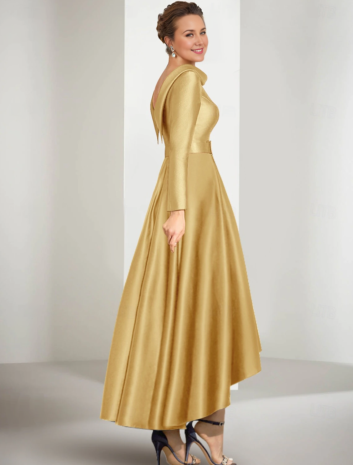 Gold Satin A-Line Asymmetrical Evening Dress with Boat Neck & Pleated High-Low Hem