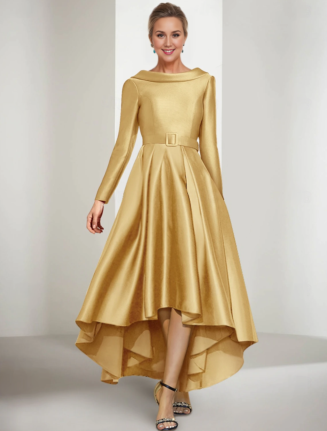 Gold Satin A-Line Asymmetrical Evening Dress with Boat Neck & Pleated High-Low Hem