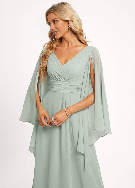 Dusty Sage Chiffon A-Line High-Low Dress with Draped V-Neck and Cape Sleeves