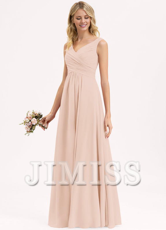 Abito da damigella d'onore in chiffon plissettato, lungo fino al pavimento, con scollo a V e linea ad A