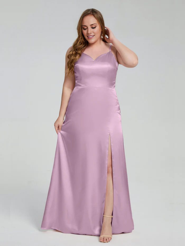 Champagne Satin A-Line Floor-Length Bridesmaid Dress with Sweetheart Neckline and High Slit