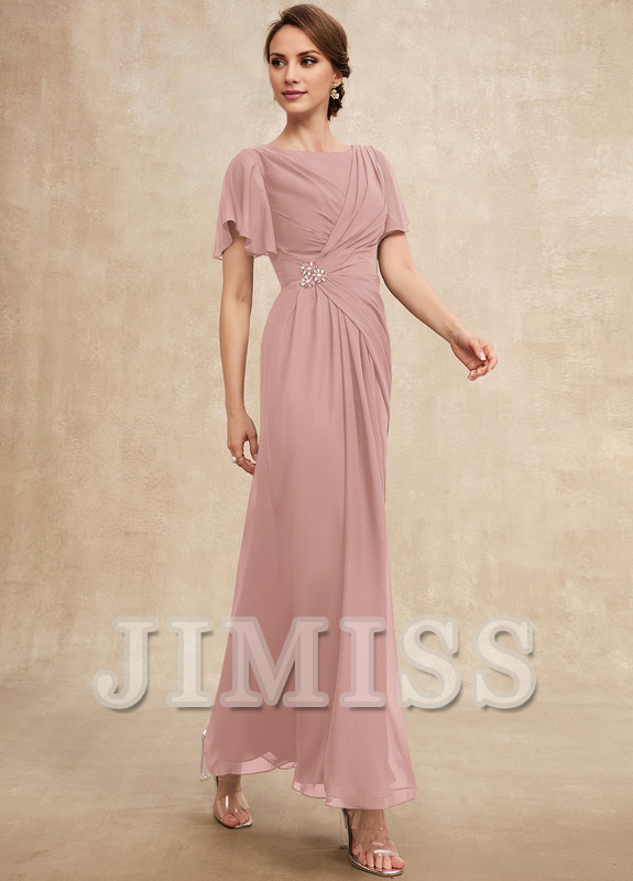 Vestido de gasa para madre de la novia, de corte A, plisado, con cuentas y escote pronunciado hasta los tobillos