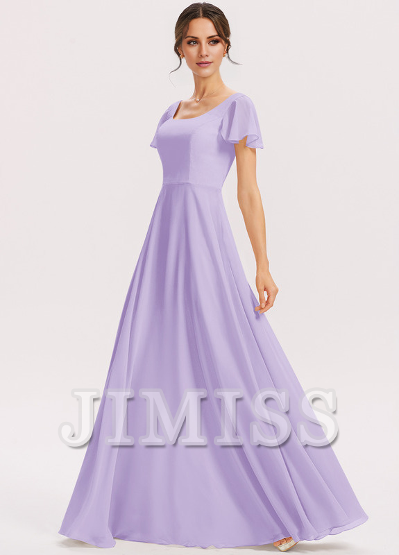 Vestido de dama de honor de gasa con volantes escalonados, corte A, cuadrado, largo hasta el suelo