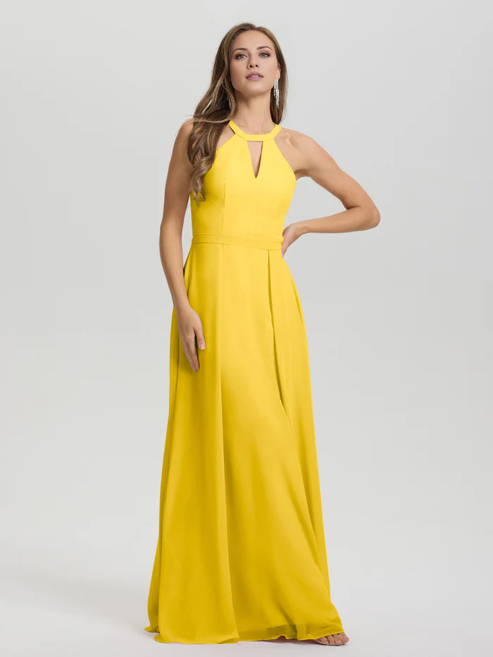 A-line keyhole collar sleeveless chiffon and floor length bridesmaid dress