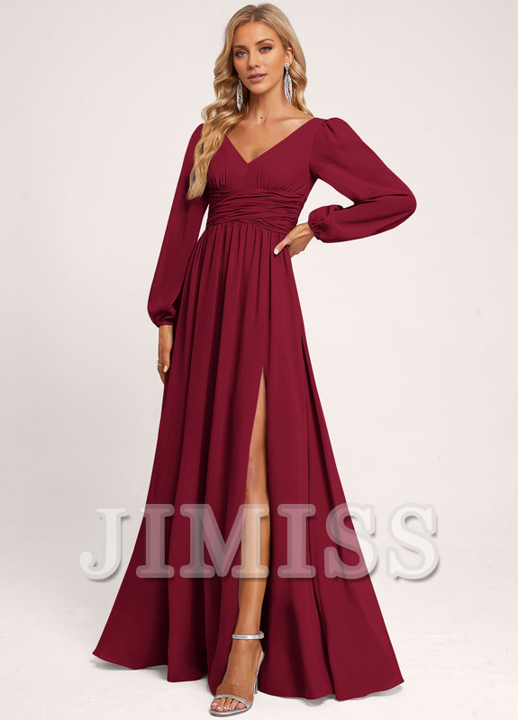 Vestido de dama de honor de gasa con volantes, escote en V y largo hasta el suelo