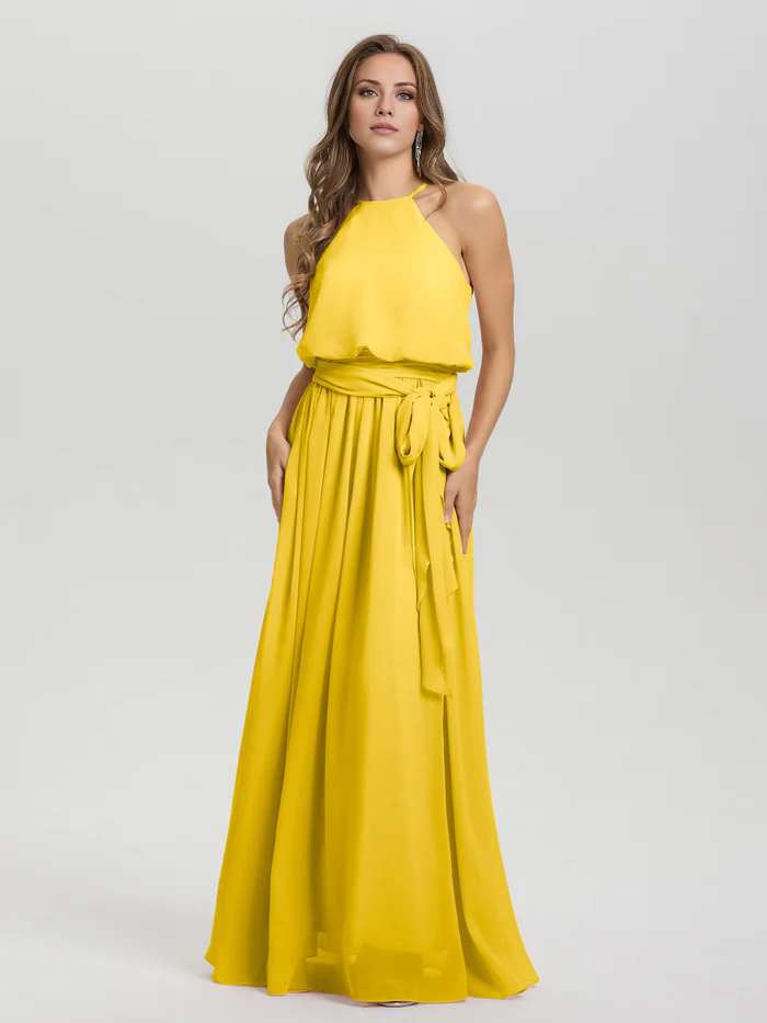 Vestidos de dama de honor de gasa sin mangas, con cuello redondo bajo y largo hasta el suelo