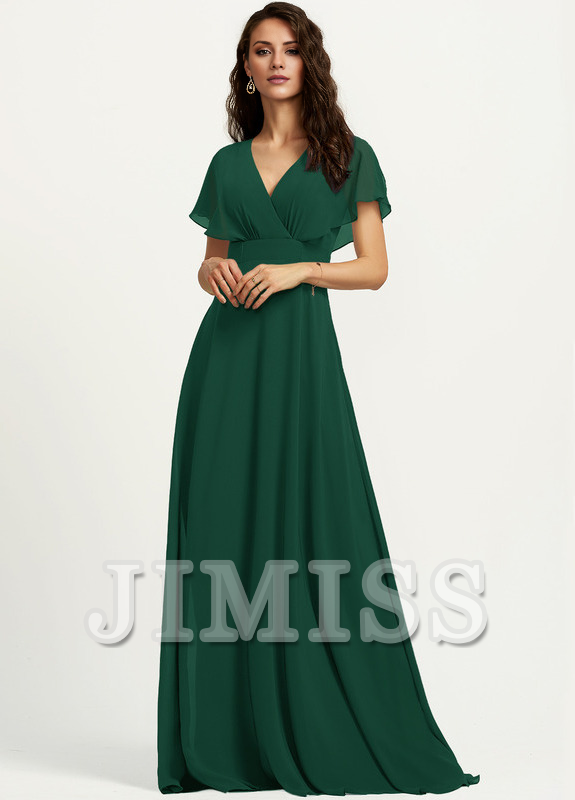 Abito da damigella d'onore in chiffon lungo fino al pavimento, con scollo a V e linea ad A