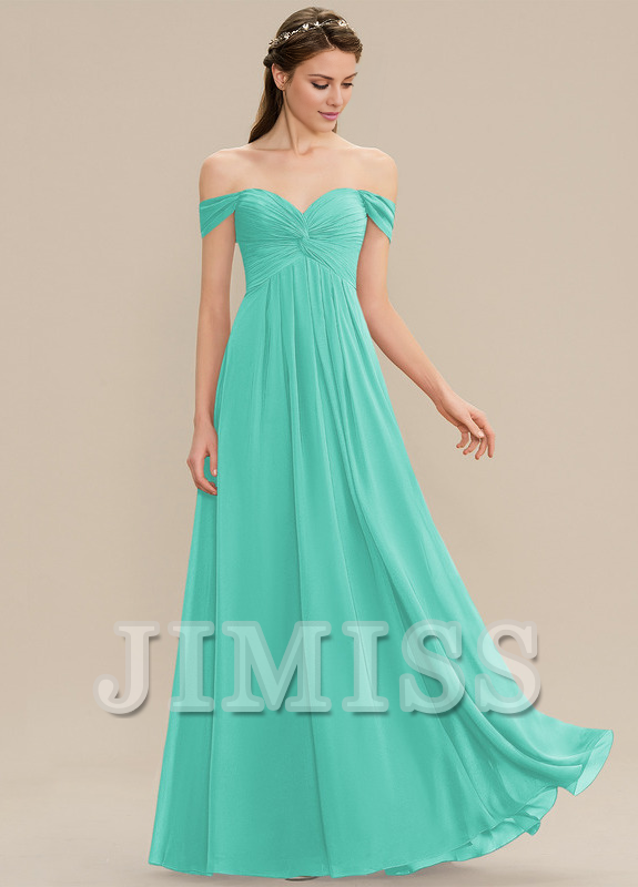 Vestido de dama de honor de gasa con volantes, corte A, hombros descubiertos y largo hasta el suelo