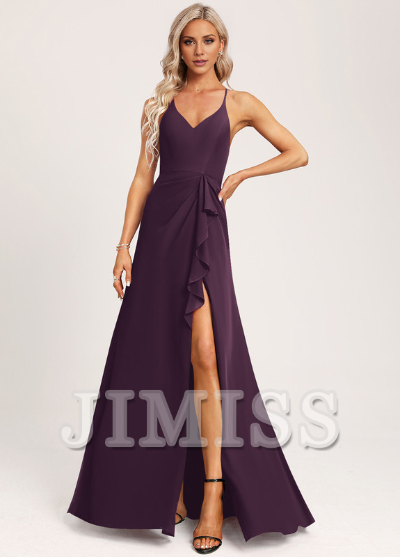 A-line V-neck and ground chiffon bridesmaid dress