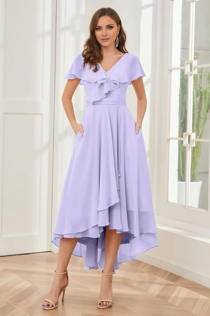 V-neck high-low short sleeved tea long bridesmaid dress
