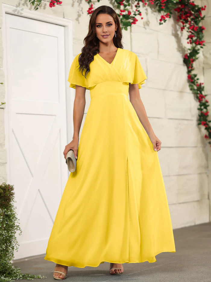 Chiffon short sleeved V-neck slit and floor length bridesmaid dress