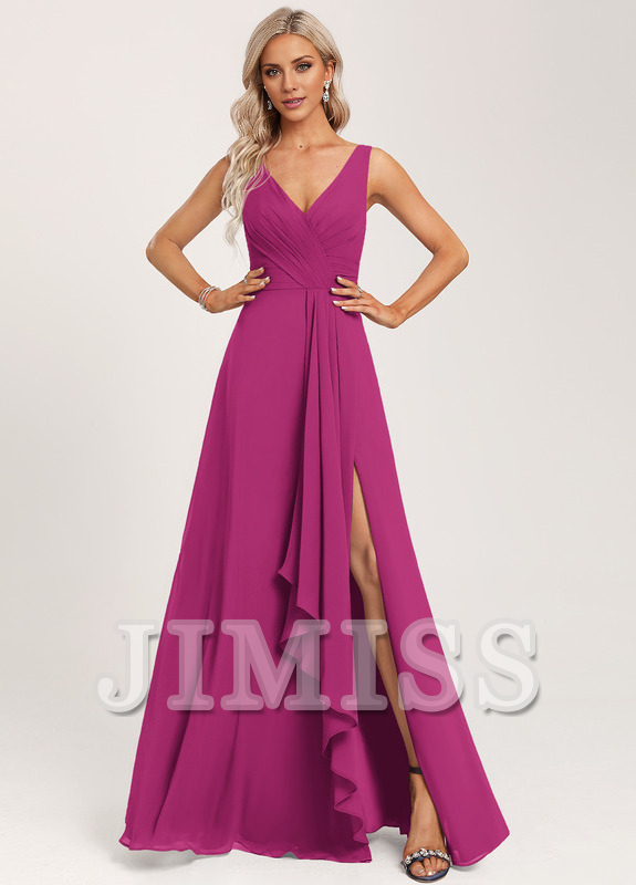 Vestido de dama de honor de gasa con volantes, escote en V y largo hasta el suelo