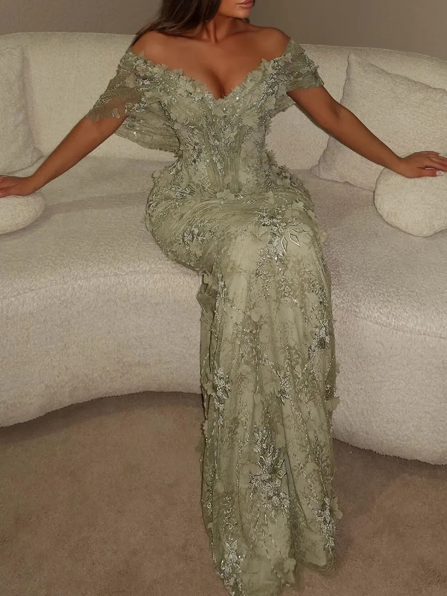 Stunning Mermaid Off Shoulder Short Sleeve V Back Long Prom Dress