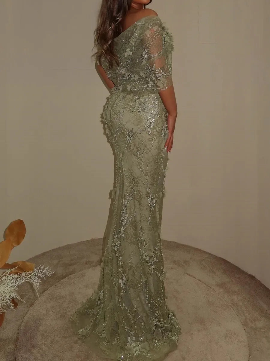 Stunning Mermaid Off Shoulder Short Sleeve V Back Long Prom Dress