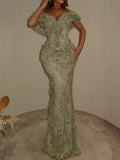 Stunning Mermaid Off Shoulder Short Sleeve V Back Long Prom Dress