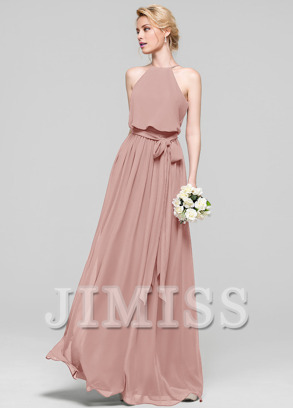 A-line low round neck bow floor mopping chiffon bridesmaid dress
