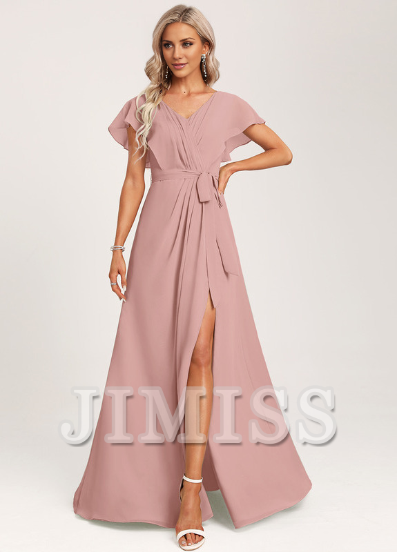Sage Green Chiffon A-Line Floor-Length Dress with V-Neck and V-Back, Draped Bodice & High Slit