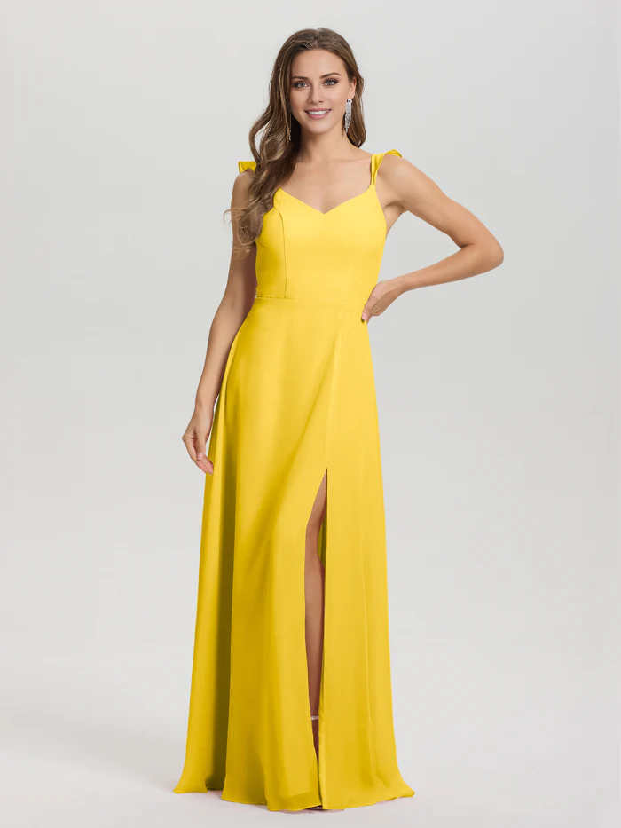 Vestido de dama de honor largo hasta el suelo con abertura en gasa con escote en V y tirantes anudados